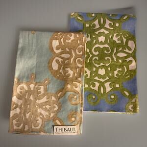 2 THIBAUT Samples Jakarta Cotton Linen 26" Blue and Aqua Fabric orig $98 yd.